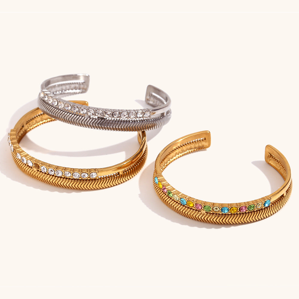 European and American cross-border double-layer diamond-studded herringbone pattern open bracelet stainless steel gold-plated retro holiday style hand jewelry-Mix MIx Style