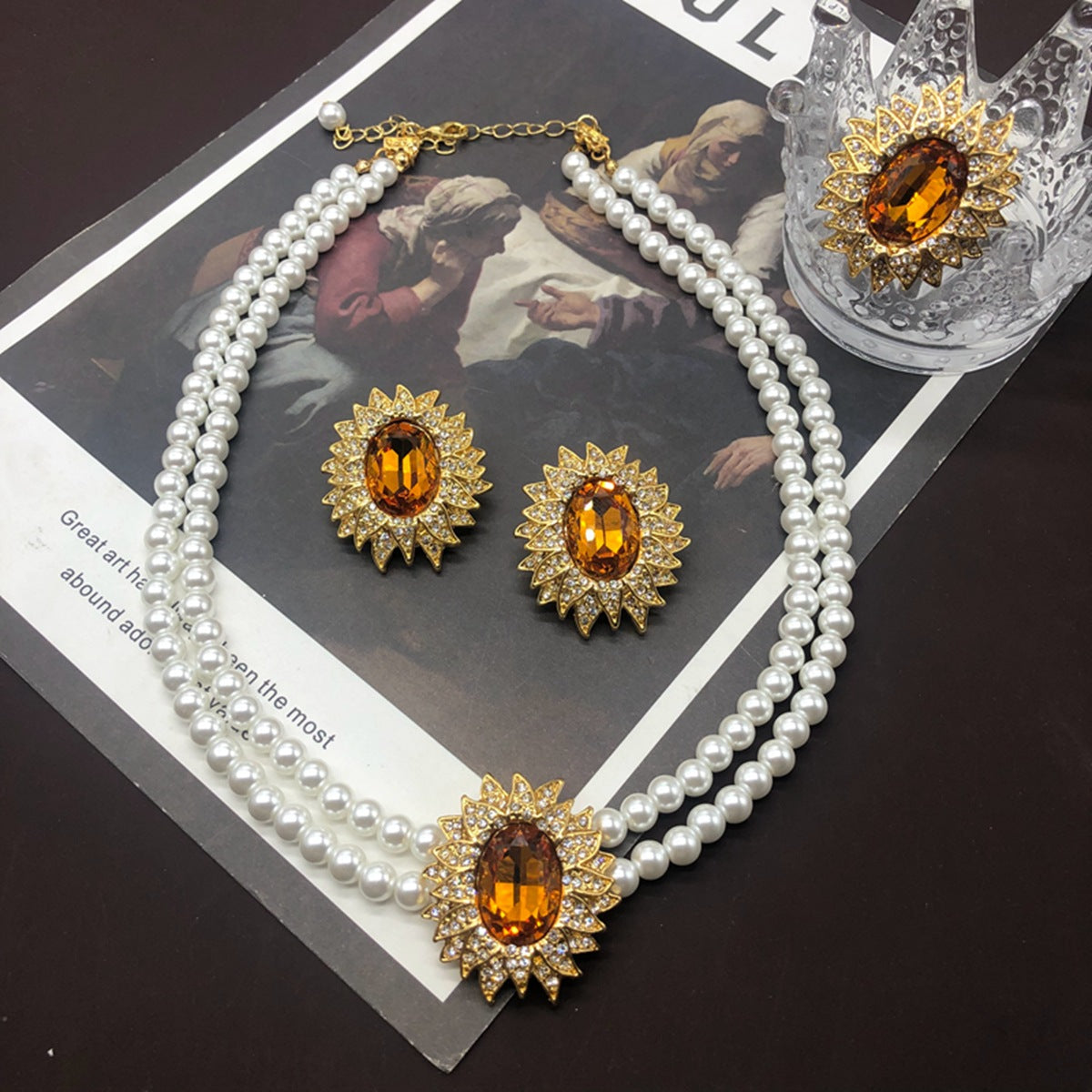 Orange Vintage Retro Pendant Oval Cut Diamond Akoya Pearls Luxury 18k Gold Plated Necklace Earrings Set | Mix Mix Style-Mix MIx Style