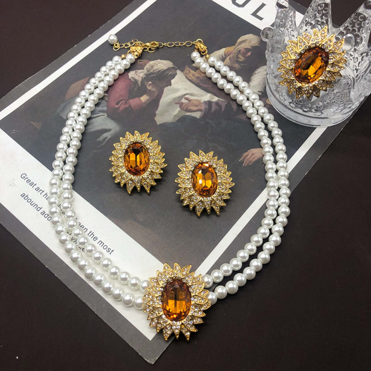 Orange Vintage Retro Pendant Oval Cut Diamond Akoya Pearls Luxury 18k Gold Plated Necklace Earrings Set | Mix Mix Style-Mix MIx Style
