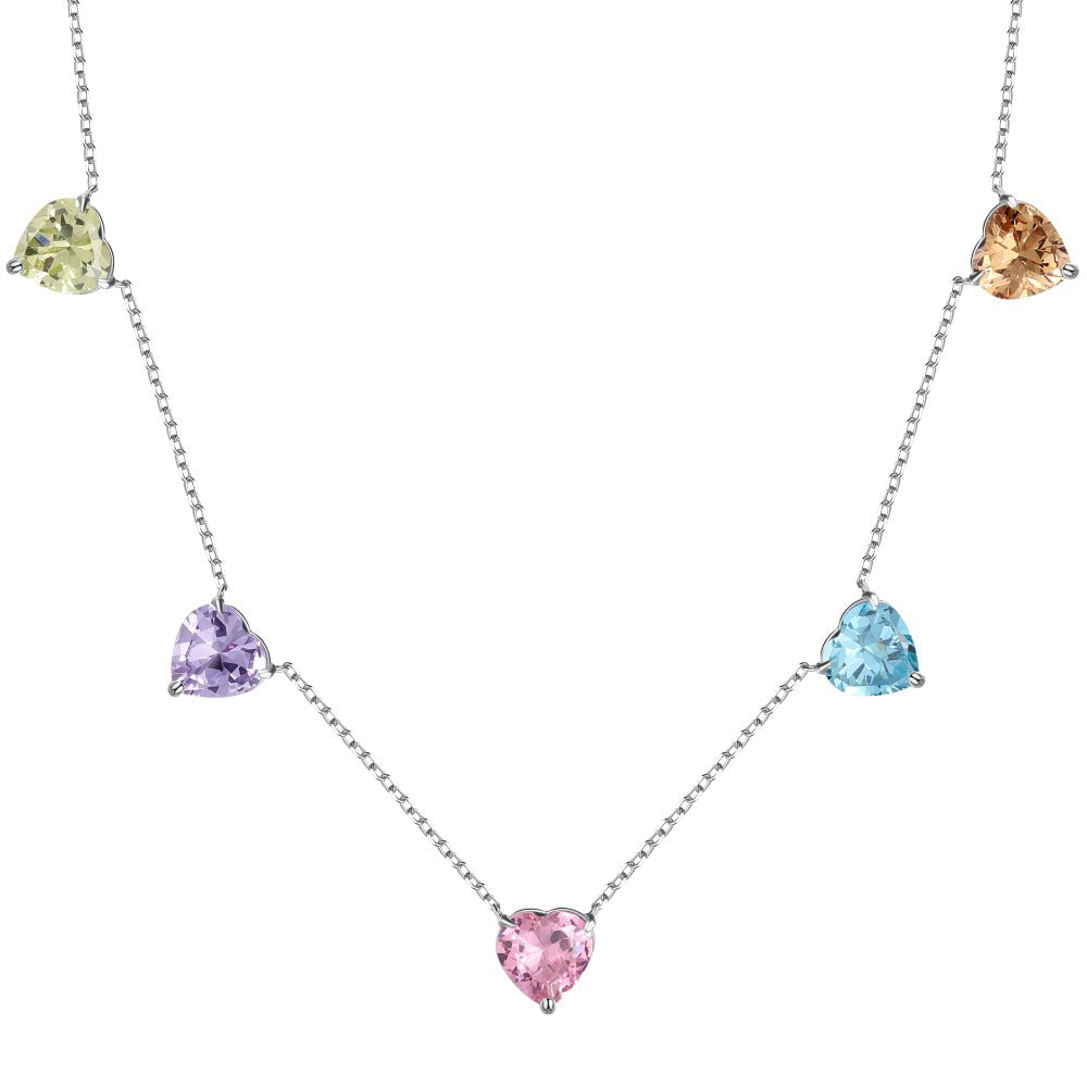 New S925 sterling silver necklace for women inlaid with colorful heart-shaped zircon niche design fashion love pendant clavicle chain-Mix MIx Style