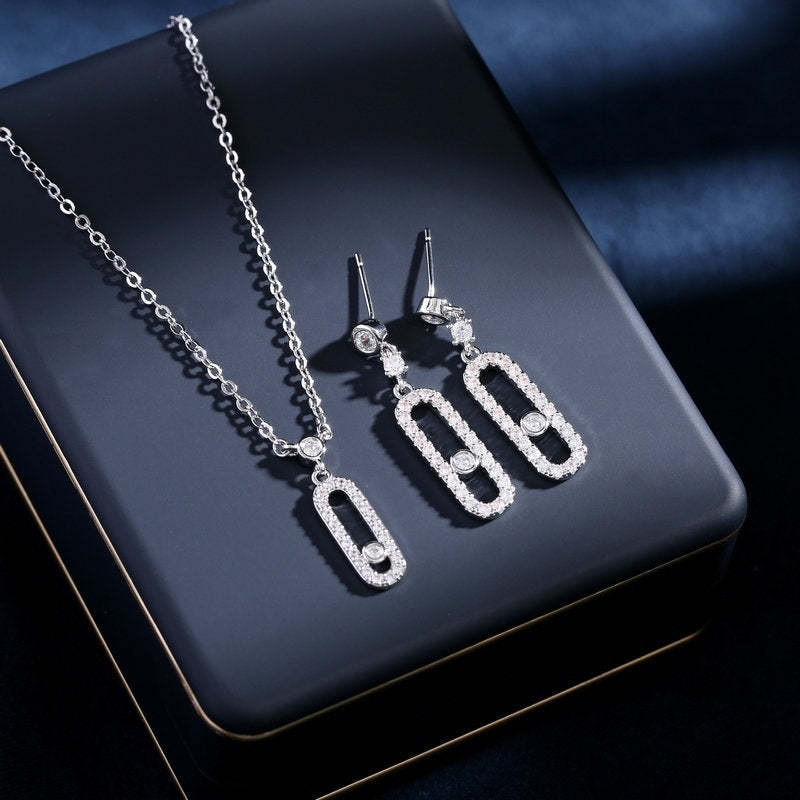 Korean version of the simple and super fairy fresh temperament zircon inlaid hollow geometric earrings clavicle chain jewelry set-Mix MIx Style