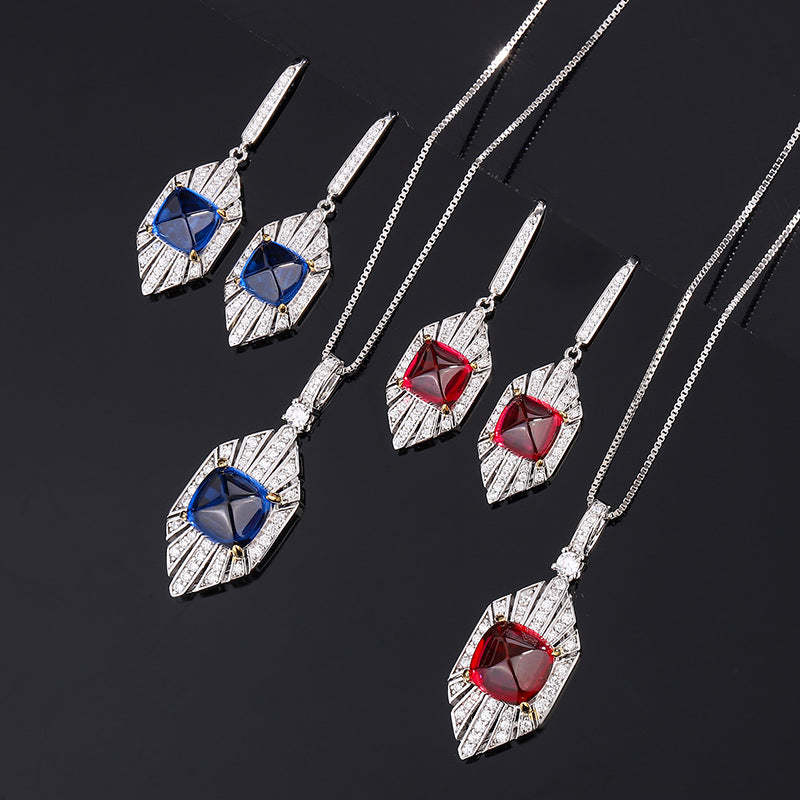 Red & Blue Vintage Pendant Asscher Diamond Luxury 18k Gold Plated Necklace Drop Earrings Jewelry Set | Mix Mix Style-Mix MIx Style