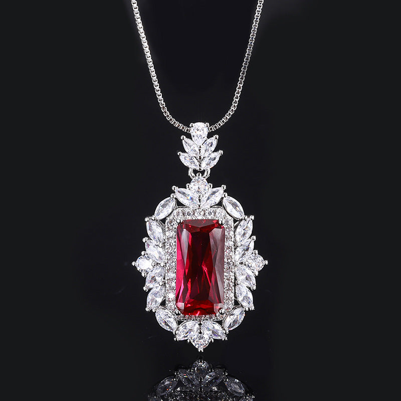 Douyin popular simulation red corundum square set pendant 8*16 ring 12*14 earrings 6*8 silver S925-Mix MIx Style