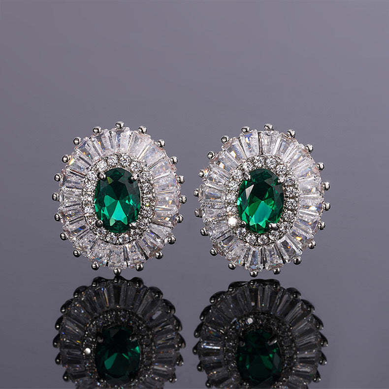 Green & Pink Retro Classic Pendant Oval Diamond Luxury 18k White Gold Plated Necklace Earring Ring Jewelry Set | Mix Mix Style-Mix MIx Style