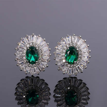 Green & Pink Retro Classic Pendant Oval Diamond Luxury 18k White Gold Plated Necklace Earring Ring Jewelry Set | Mix Mix Style-Mix MIx Style
