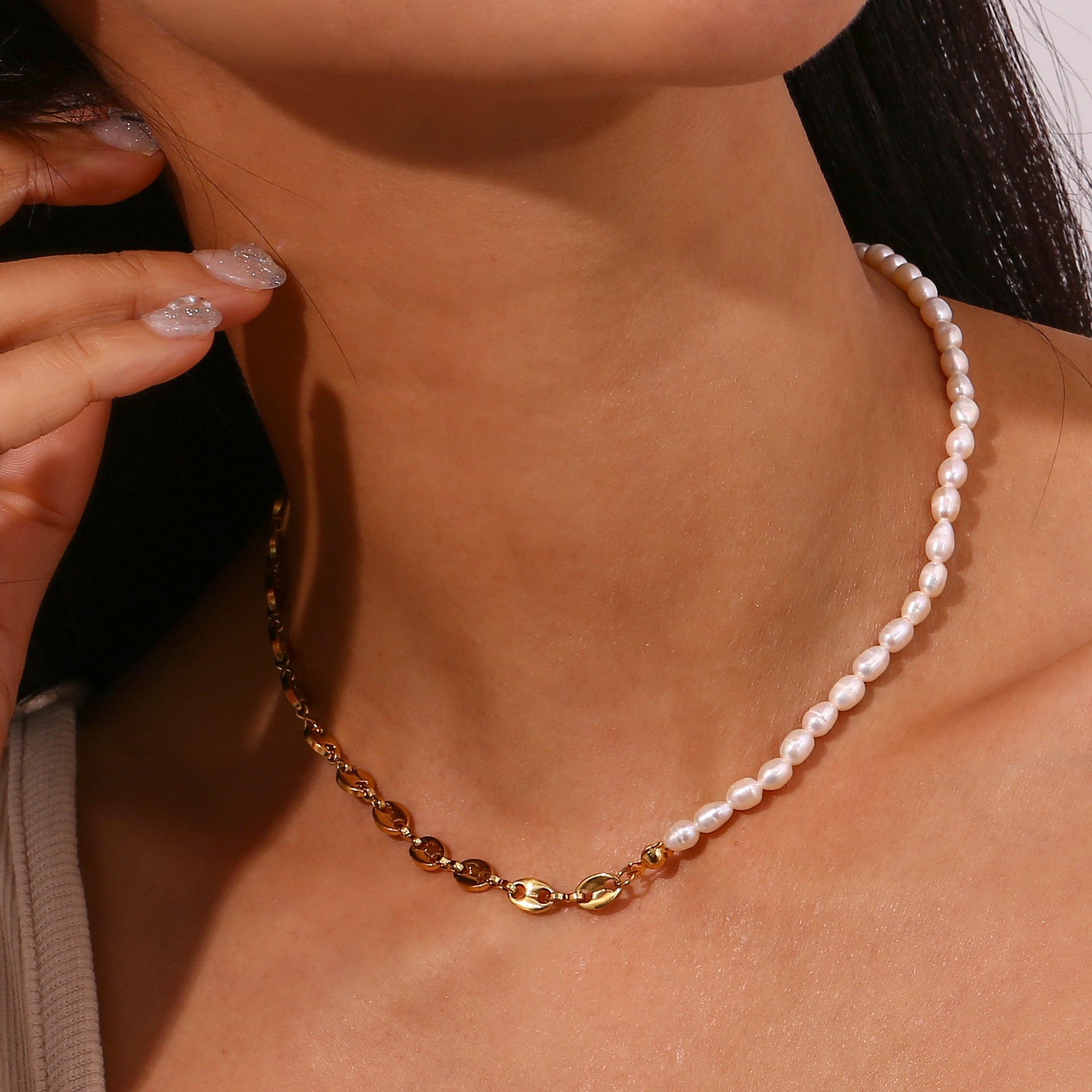 Half Akoya Pearl & Chain Vintage Luxury 18k Gold Plated Necklace Bracelet Jewelry Set | Mix Mix Style-Mix MIx Style