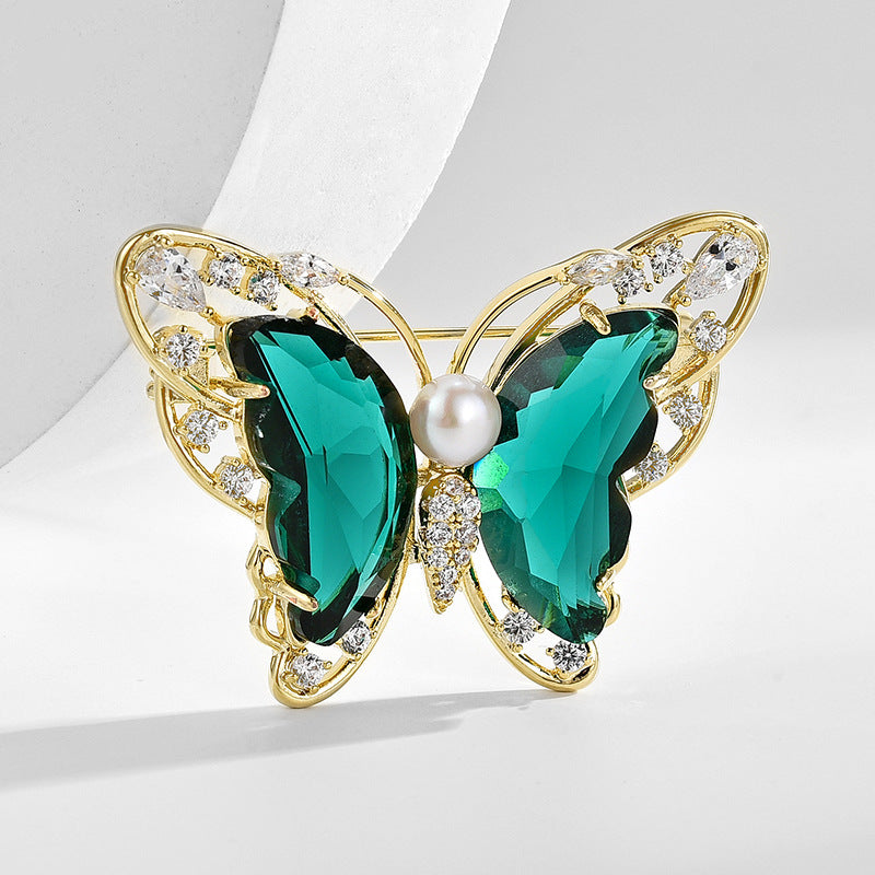 Green light luxury crystal jade wing butterfly brooch for women high-end luxury exquisite brooch design niche suit accessories-Mix MIx Style