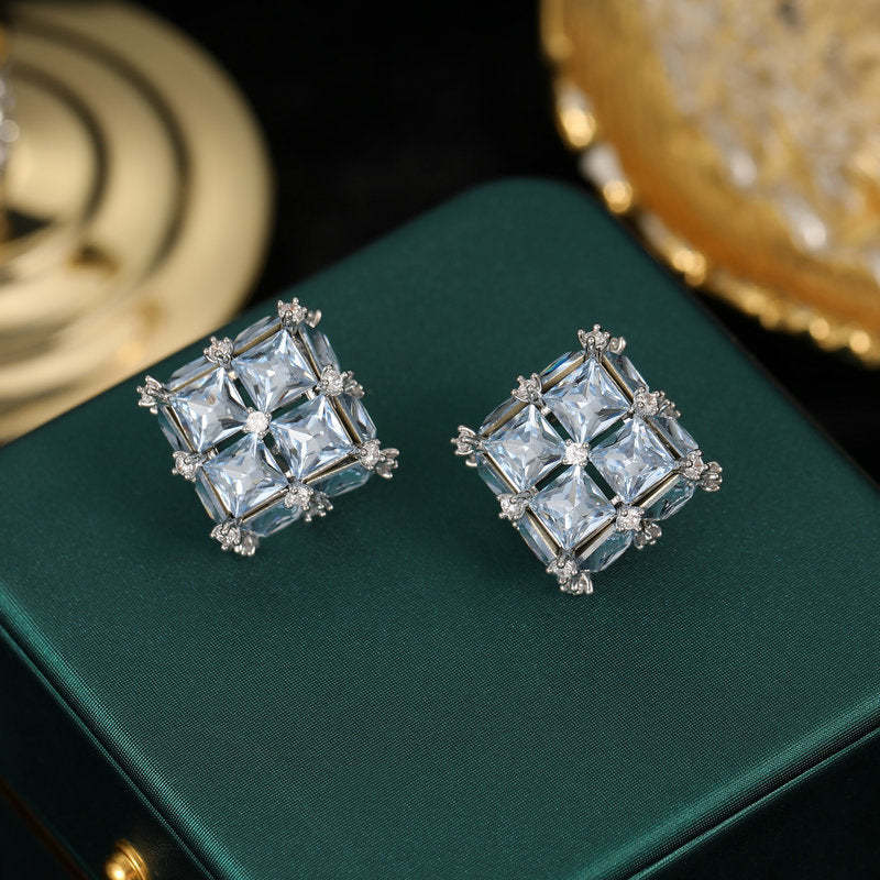 s925 silver needle light luxury high-end earrings wholesale niche design Korean style trendy geometric three-dimensional square crystal earrings-Mix MIx Style