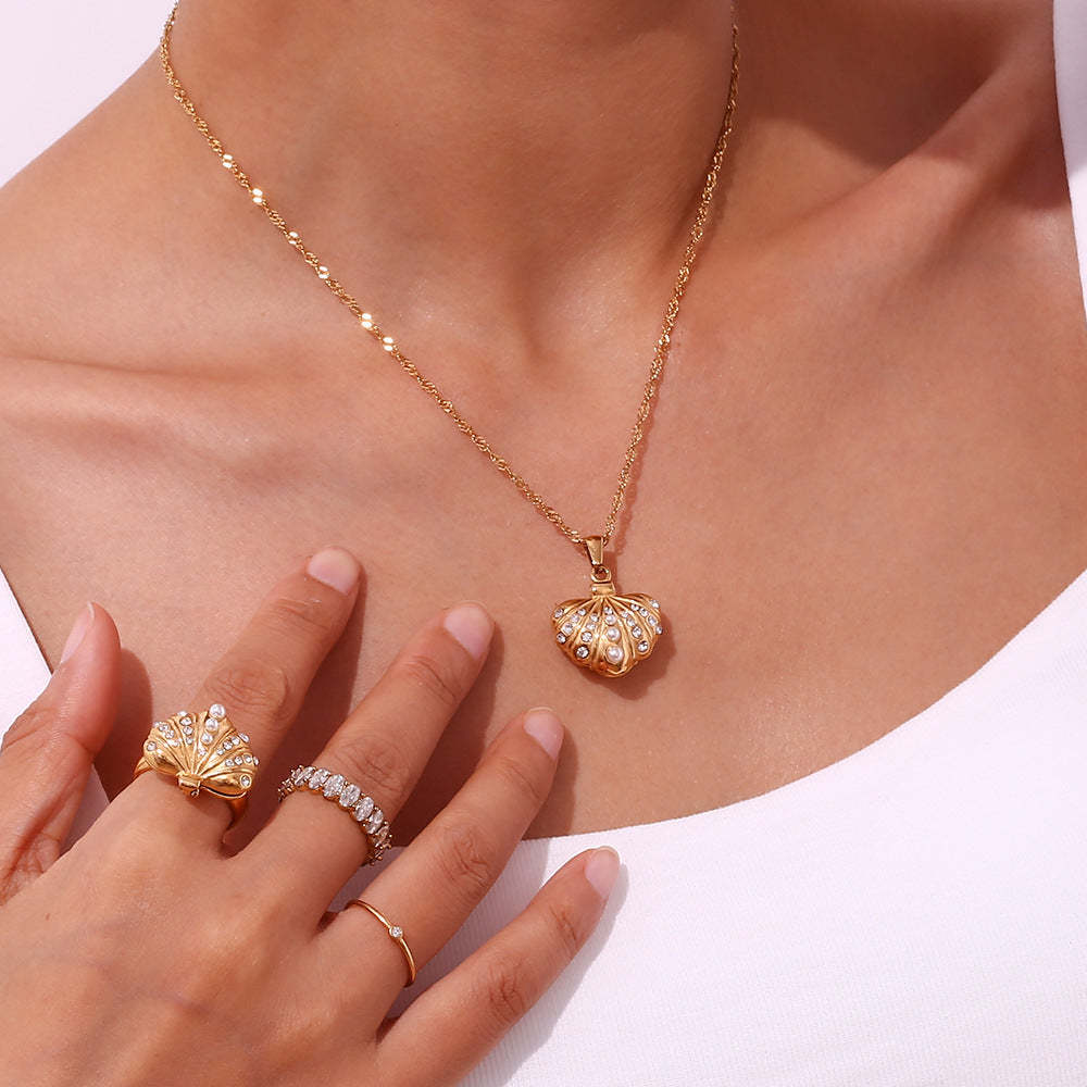 Seashell White Diamonate Vintage Classic Pendant Luxury 18k Gold Plated Necklace & Ring Jewelry Set | Mix Mix Style-Mix MIx Style