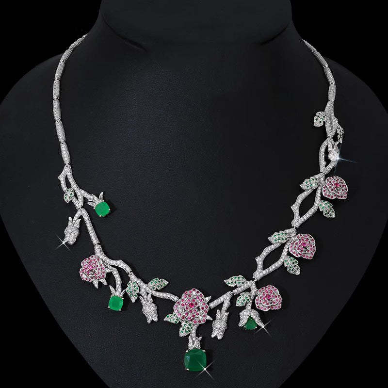 Pink Flowers & Green Leafs Vintage Retro Diamonate Luxury 18k Gold Plated Necklace & Earring Jewelry Set | Mix Mix Style-Mix MIx Style