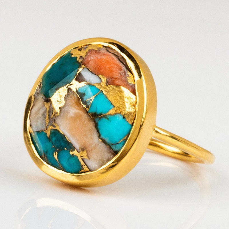 Multicolor Sea Blue Marble Germstone Retro 18k Vermeil Gold Plated Ele