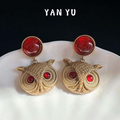 Owl Bird Shaped Timeless Red Round Moissanite Diamonds 18k Vermeil Gold Plated Drop Earrings | Mix Mix Style-Mix MIx Style