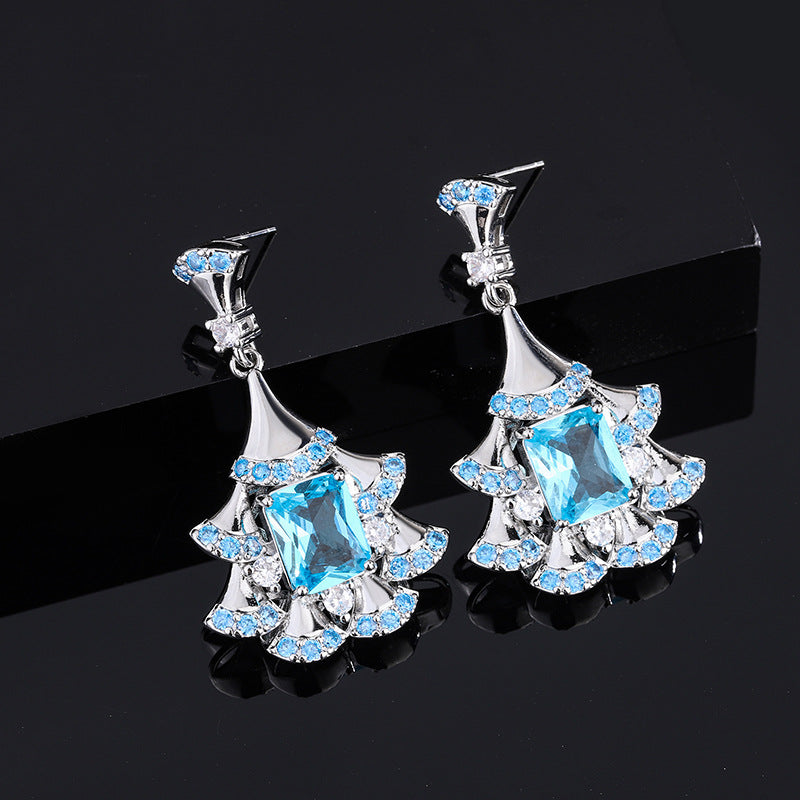 Sea Blue & White Fan-shaped Dazzling Radiant Cut Moissanite Diamonds Luxury 18k White Gold Plated Drop Earrings | Mix Mix Style-Mix MIx Style