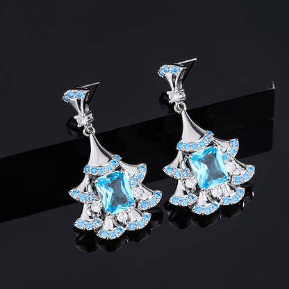 Sea Blue & White Fan-shaped Dazzling Radiant Cut Moissanite Diamonds Luxury 18k White Gold Plated Drop Earrings | Mix Mix Style-Mix MIx Style