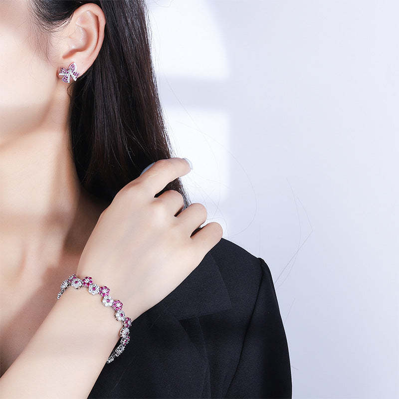 Pink & White Flowers Vintage Pendant Diamonds Luxury 18k White Gold Plated Earrings Bracelet Jewelry Set | Mix Mix Style-Mix MIx Style