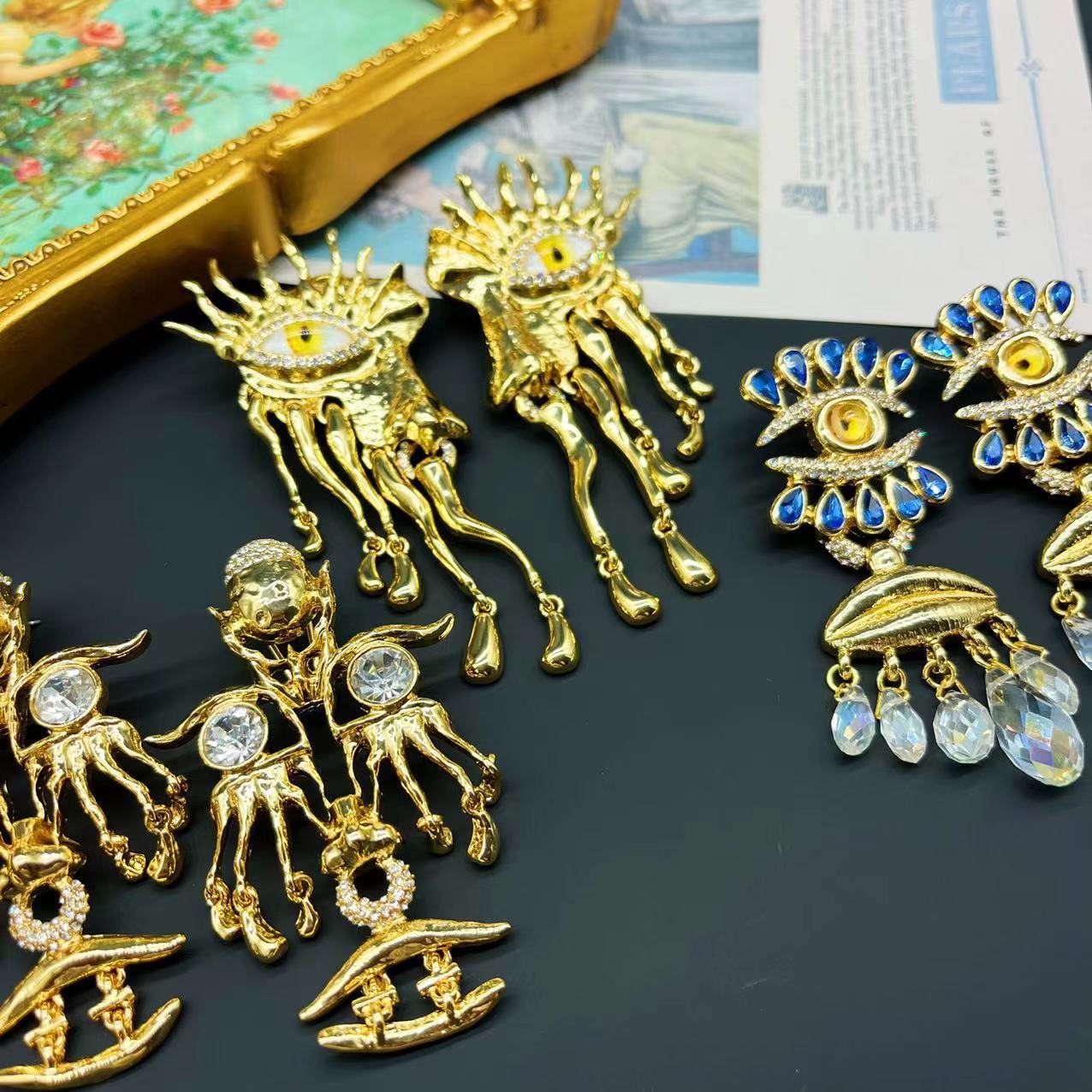 Embellished Devil's Eye Tassel Moissanite Diamonds 18k Vermeil Gold Plated Vintage Drop Earrings | Mix Mix Style-Mix MIx Style