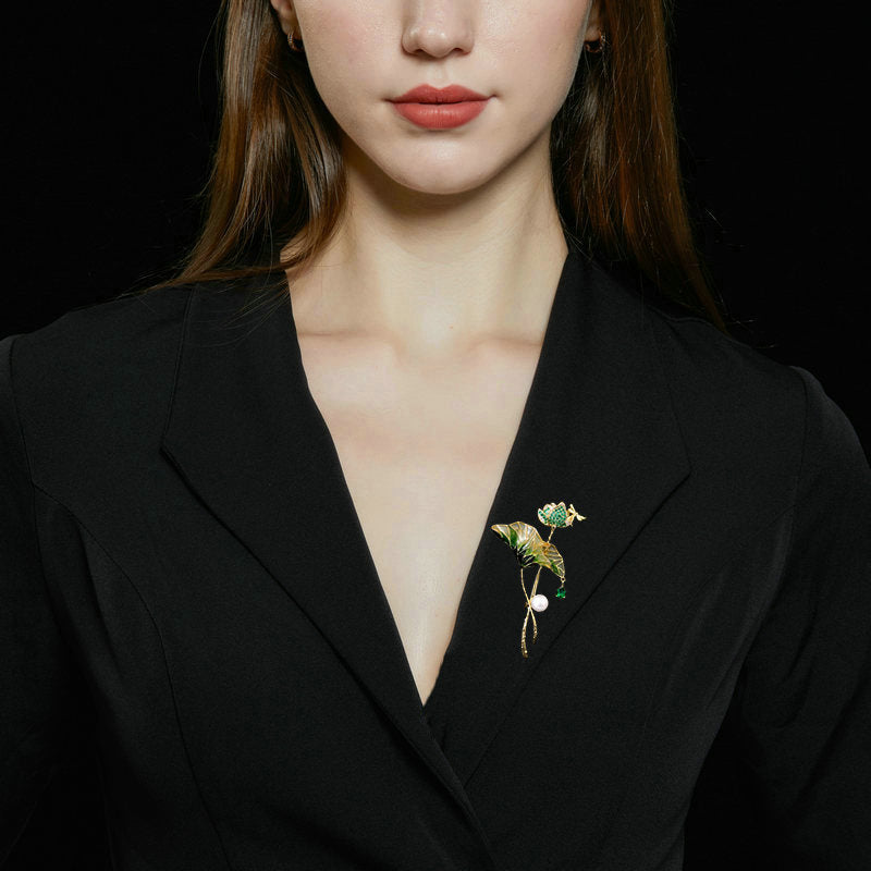 Retro Chinese style cheongsam Hanfu dress accessories corsage oil drop freshwater pearl zircon inlaid lotus leaf brooch-Mix MIx Style