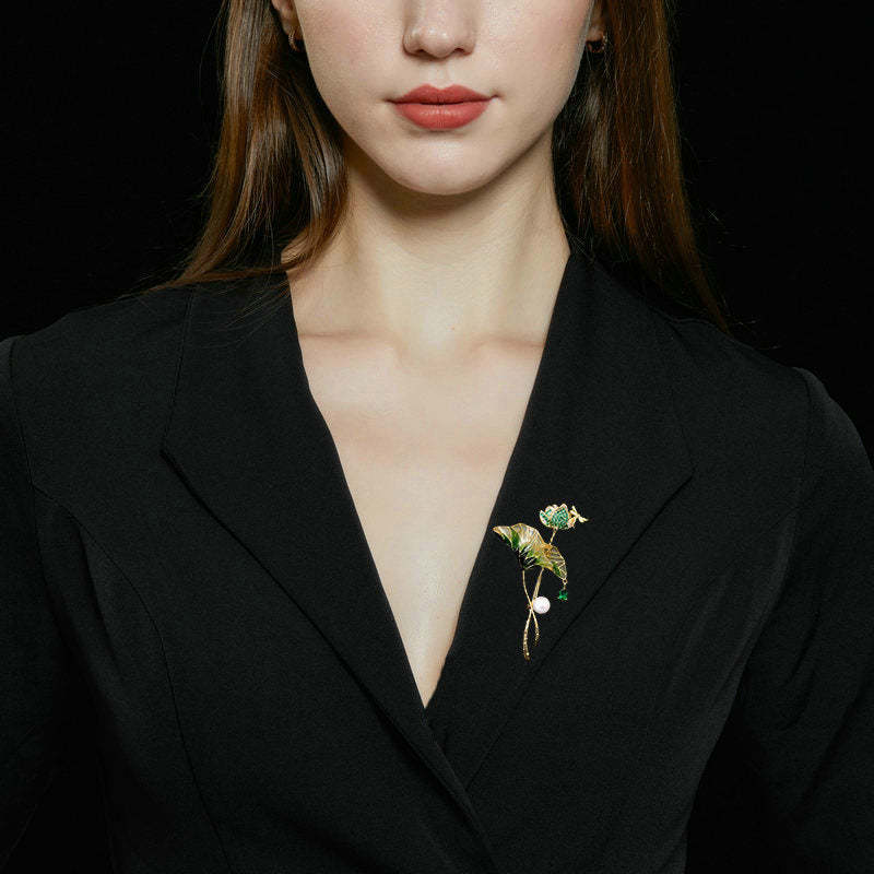 Retro Chinese style cheongsam Hanfu dress accessories corsage oil drop freshwater pearl zircon inlaid lotus leaf brooch-Mix MIx Style