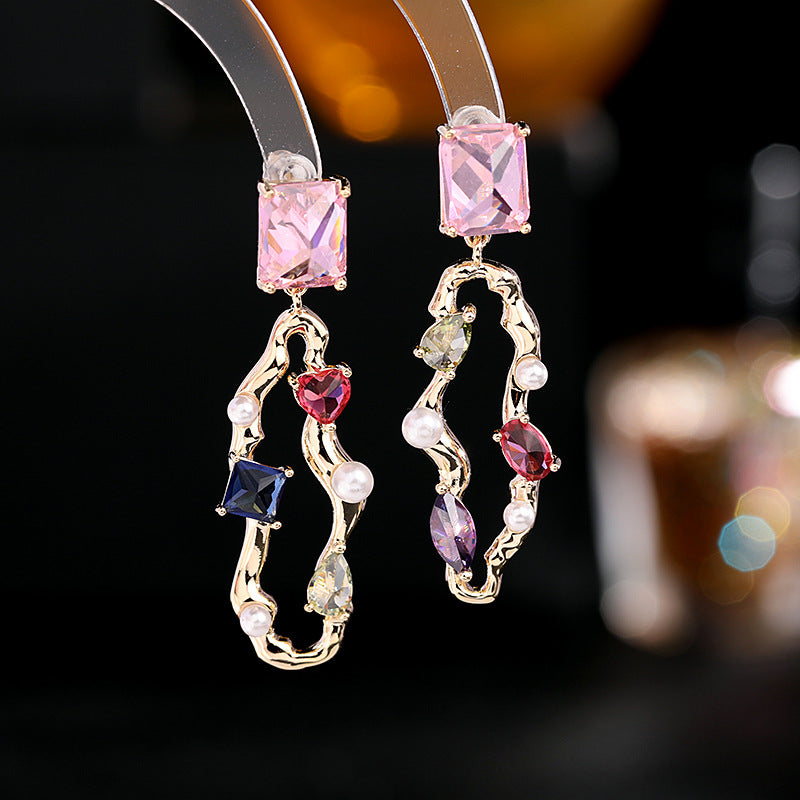 s925 silver needle Korean Dongdaemun new earrings geometric asymmetric super flash square love zircon earrings wholesale-Mix MIx Style