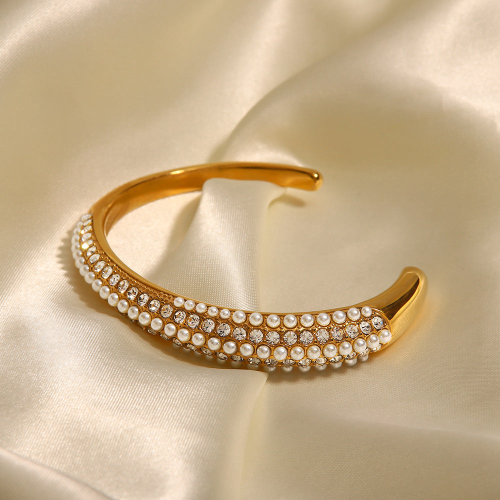 INS Fashion New Versatile Titanium Steel Bracelet 18K Gold Plated Multi-layer Full Diamond Pearl Bracelet Trendy Women's Hand Accessories-Mix MIx Style