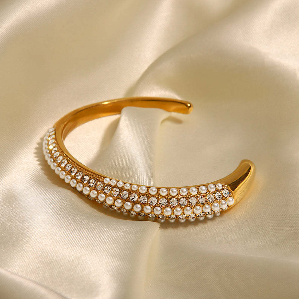 INS Fashion New Versatile Titanium Steel Bracelet 18K Gold Plated Multi-layer Full Diamond Pearl Bracelet Trendy Women's Hand Accessories-Mix MIx Style