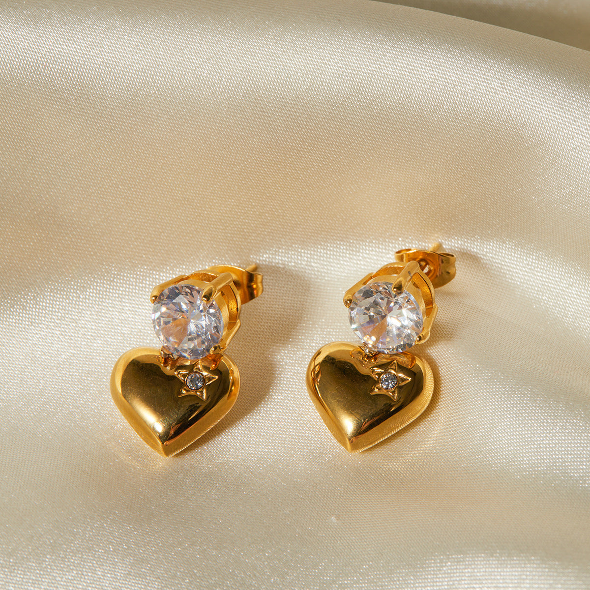 Love Glossy Heart Shaped Trendy Round Moissanite Diamond Elegant 18k Vermeil Gold Plated Drop Earrings | Mix Mix Style-Mix MIx Style