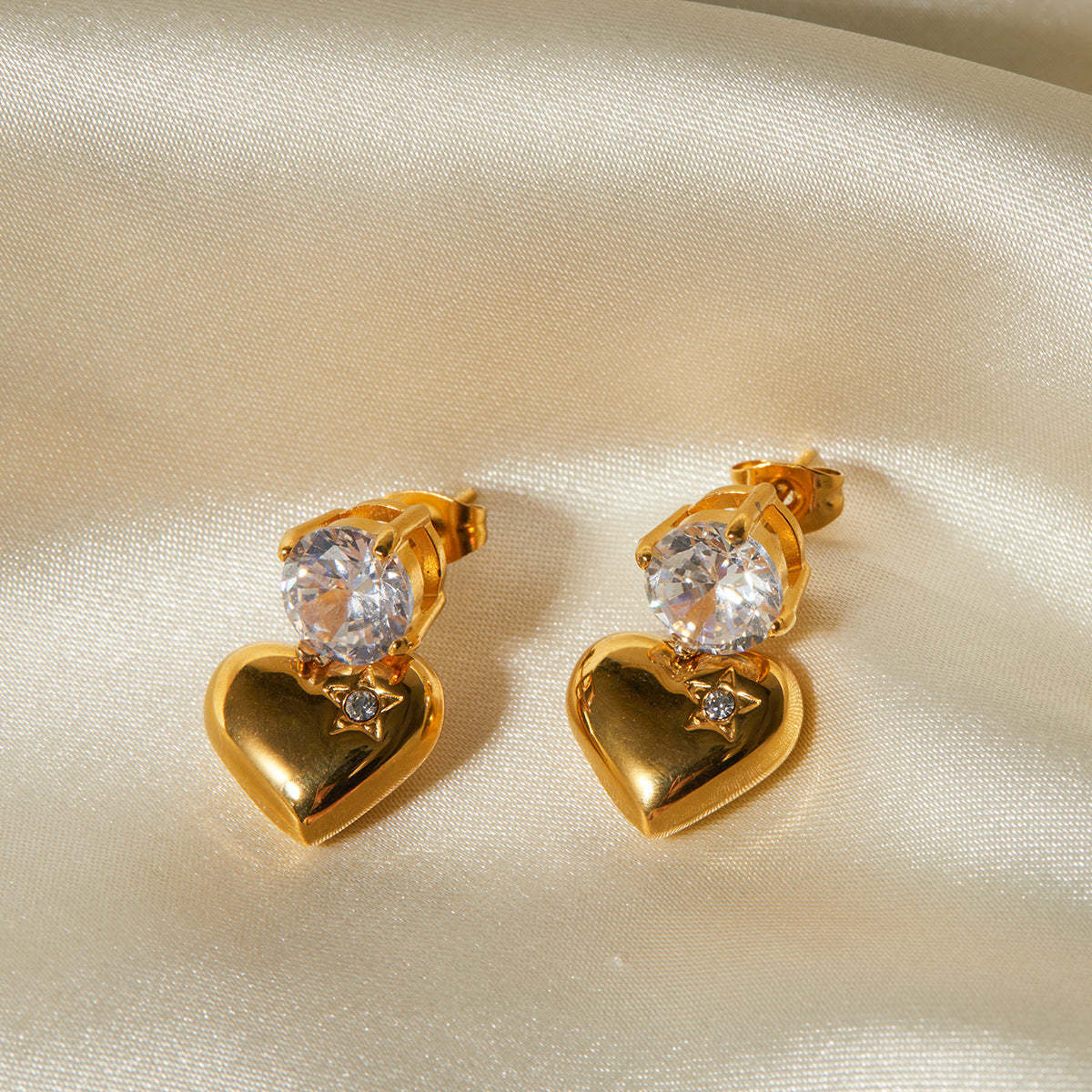 Love Glossy Heart Shaped Trendy Round Moissanite Diamond Elegant 18k Vermeil Gold Plated Drop Earrings | Mix Mix Style-Mix MIx Style