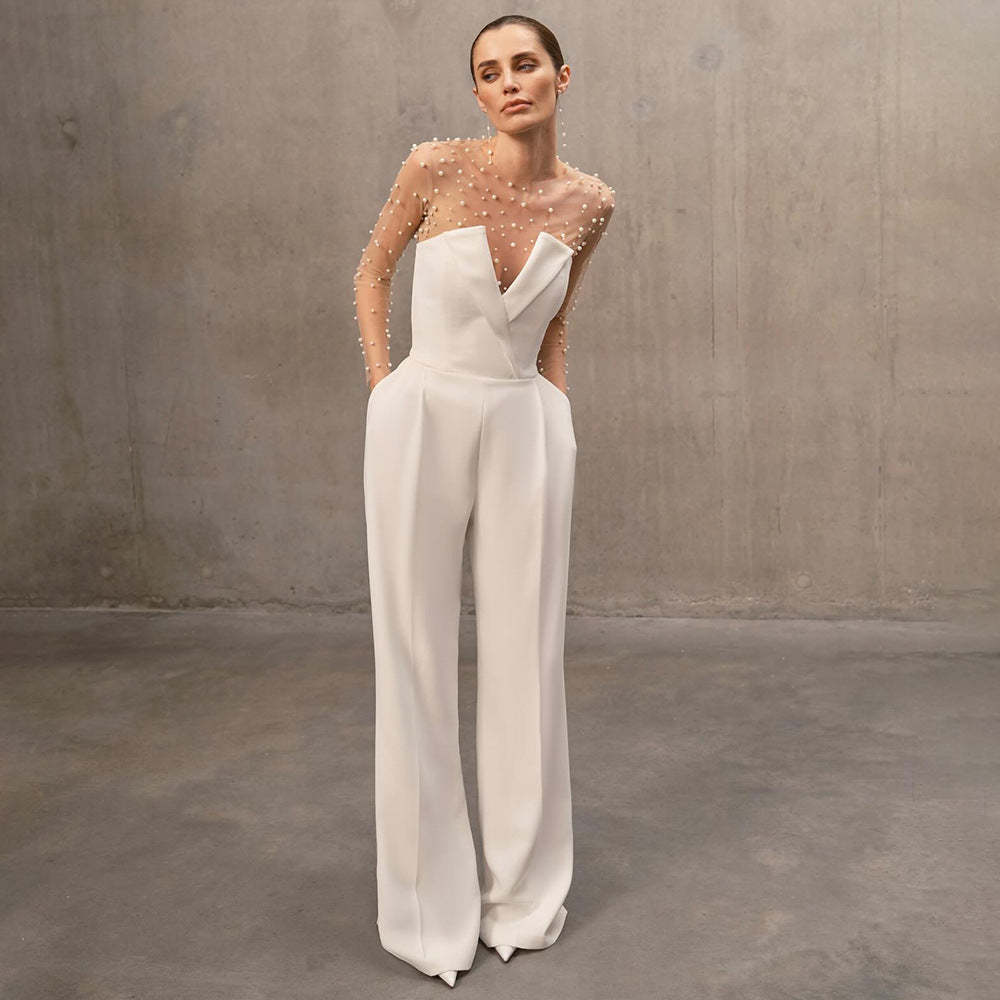 white strapless deep v-neck pleated elegant summer casual jumpsuit | M