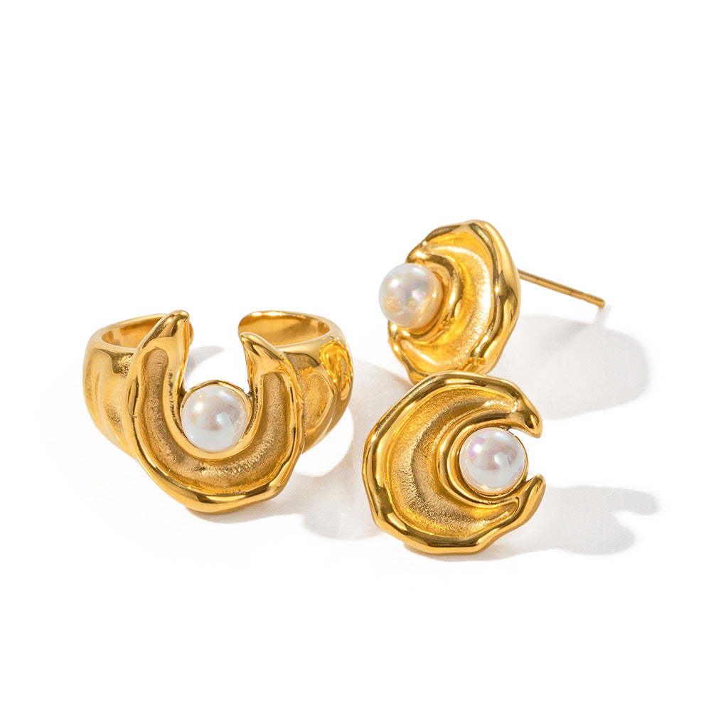 Irregular Retro Classic White Akoya Pearl Elegant 18k Vermeil Gold Plated Earrings & Adjustable Ring Jewelry Set | Mix Mix Style-Mix MIx Style