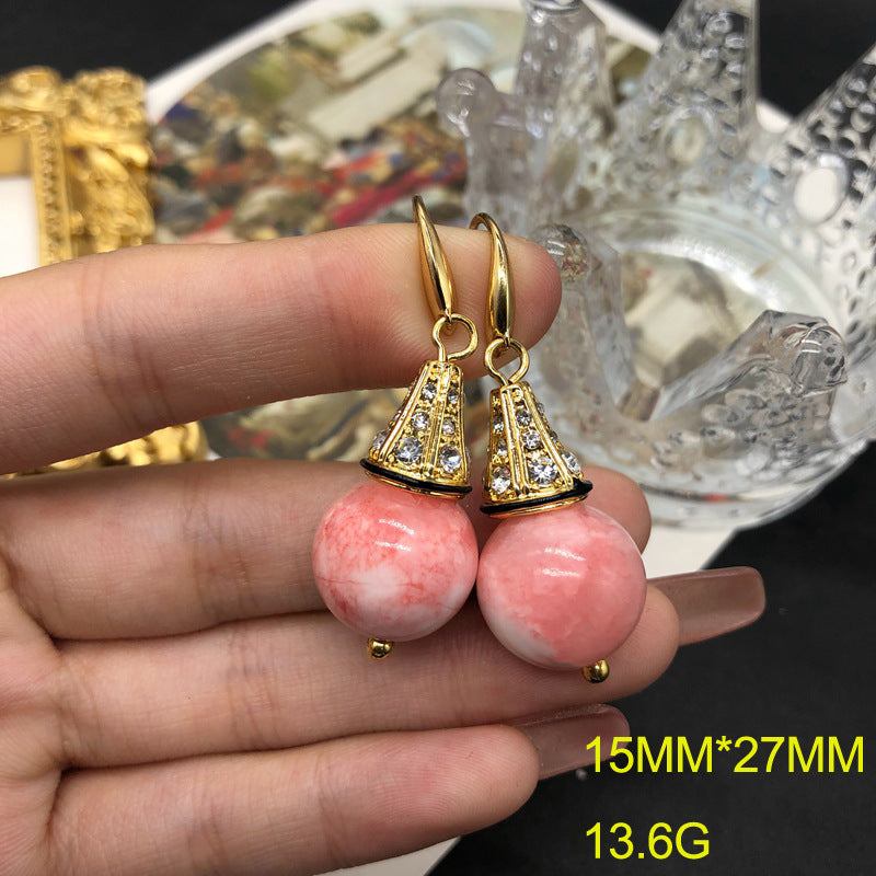 Pink Round Beads Retro Classic Luxury 18k Vermeil Gold Plated Necklace Earrings Jewelry Set | Mix Mix Style-Mix MIx Style