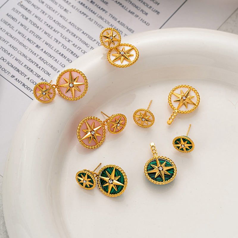 Compass eight-pointed star earrings for women high-grade malachite mother-of-pearl earrings 925 silver needle French temperament light luxury earrings-Mix MIx Style