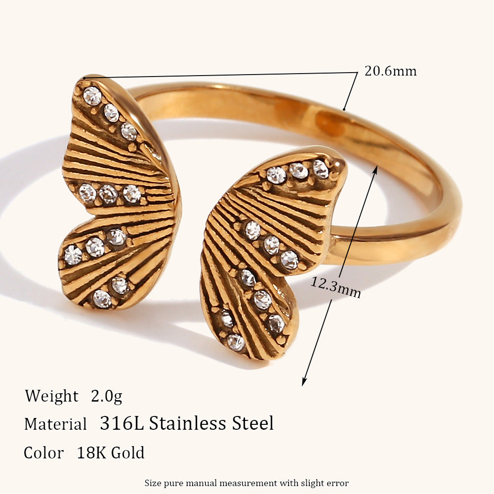 Open Butterfly Retro Micro Diamond Elegant Dainty 18k Vermeil Gold Plated Adjustable Ring Jewelry | Mix Mix Style-Mix MIx Style