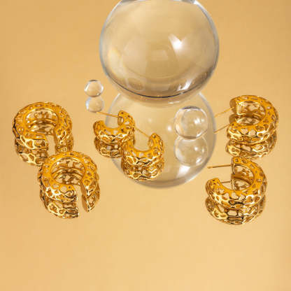 Irregular textured Hollow Out Trendy Luxury 18k Vermeil Gold Plated C-shaped Earrings | Mix Mix Style-Mix MIx Style