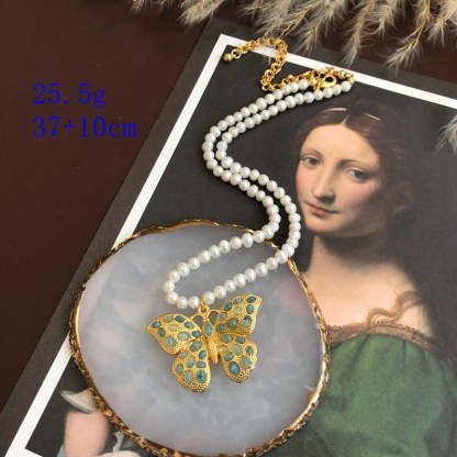 Butterfly Blue Gemstone Retro Classic Pendant Akoya Pearls Luxury 18k Gold Plated Necklace Earrings Jewelry Set | Mix Mix Style-Mix MIx Style