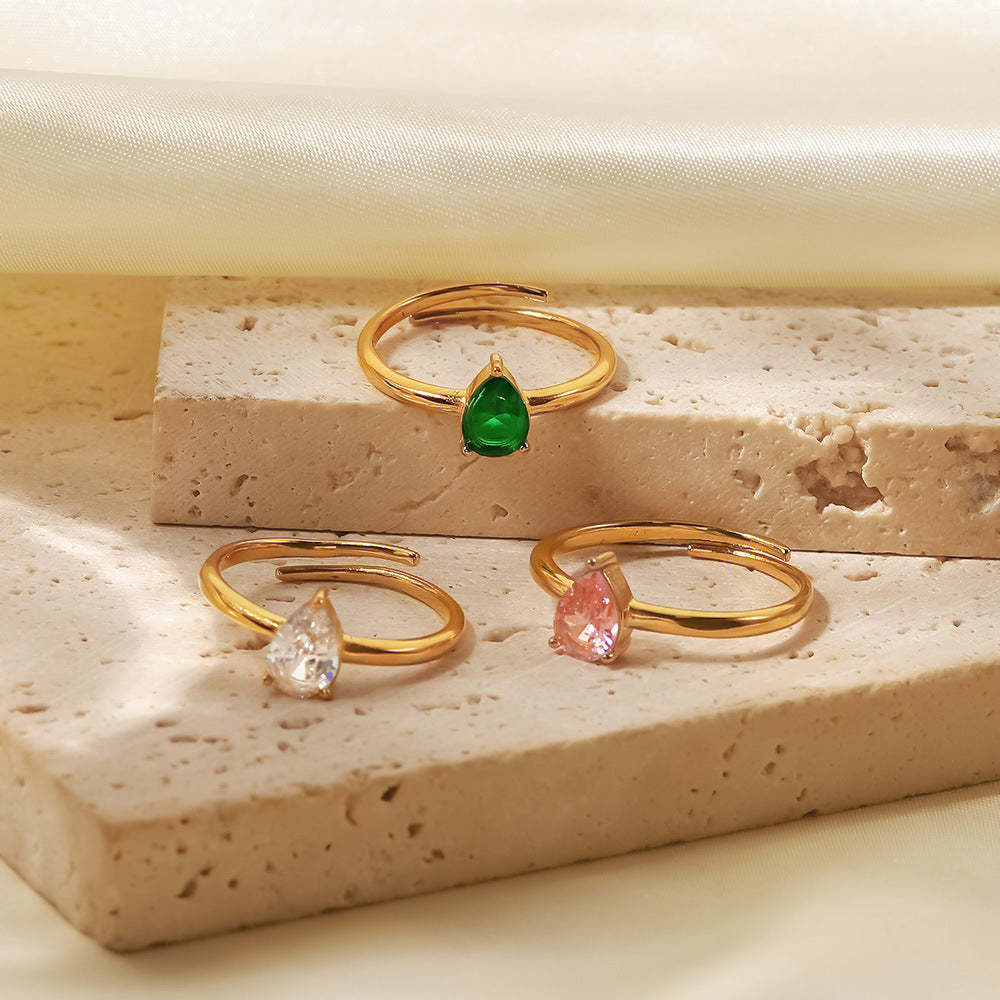 INS French fine titanium steel ring 18K gold white/green/pink teardrop-shaped zircon adjustable ring-Mix MIx Style