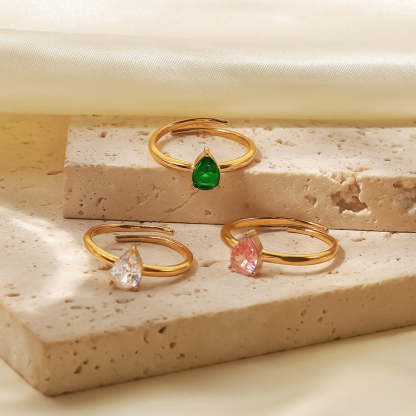 INS French fine titanium steel ring 18K gold white/green/pink teardrop-shaped zircon adjustable ring-Mix MIx Style