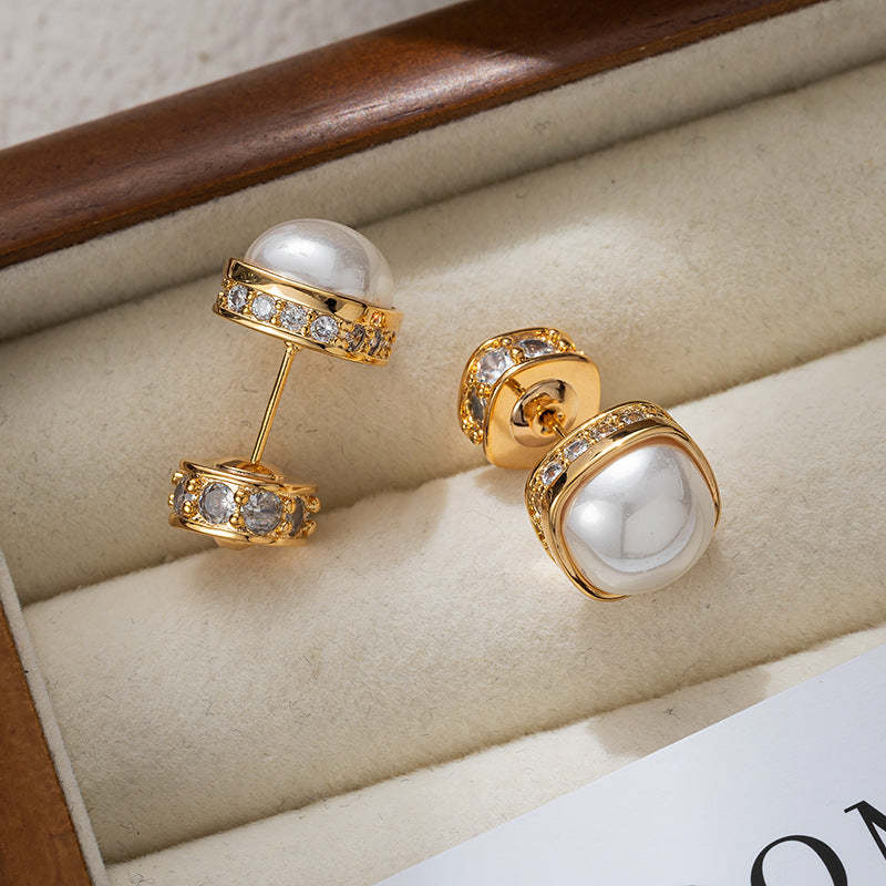 Light luxury pearl earrings, feminine, high-end, fashionable diamond-encrusted earrings, 2024 new French retro earrings-Mix MIx Style