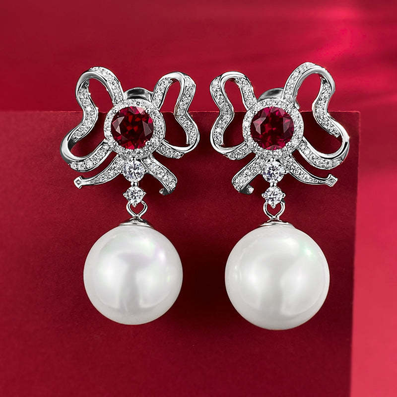 Mujing Jewelry 2023 New Bow Inlaid Ruby and Sapphire Earrings Full Body 925 Silver Pearl 13mm Earrings for Women-Mix MIx Style