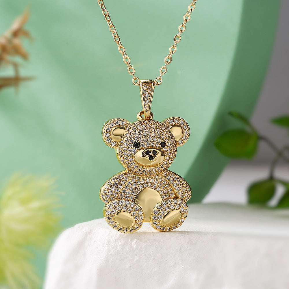 Teddy Bear Vintage Pendant Pink Diamonds Luxury 18k Vermeil Gold Plated Necklace Jewelry | Mix Mix Style-Mix MIx Style