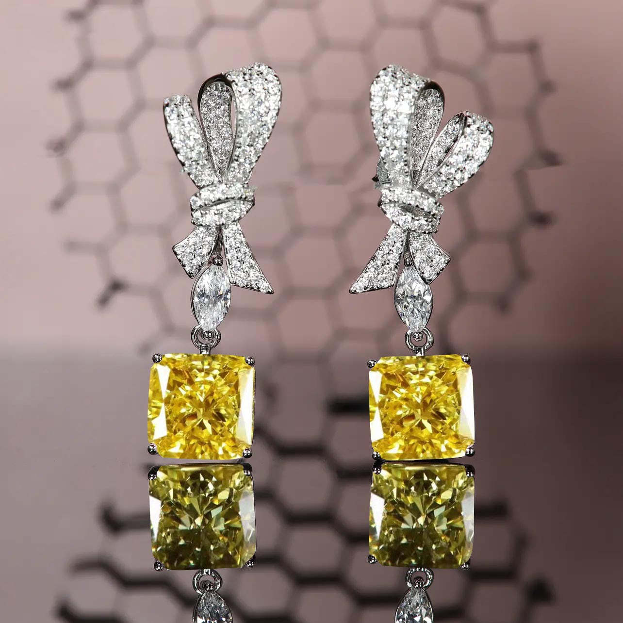 Pink - Yellow Bow Cushion Moissanite Diamonds Luxury 18k White Gold Plated Retro Drop Earrings | Mix Mix Style-Mix MIx Style