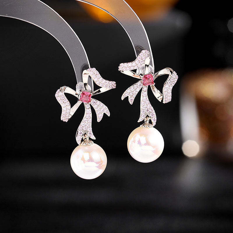 Pink - Blue - White Bow Akoya Pearl & Moissanite Diamonds Luxury 18k V