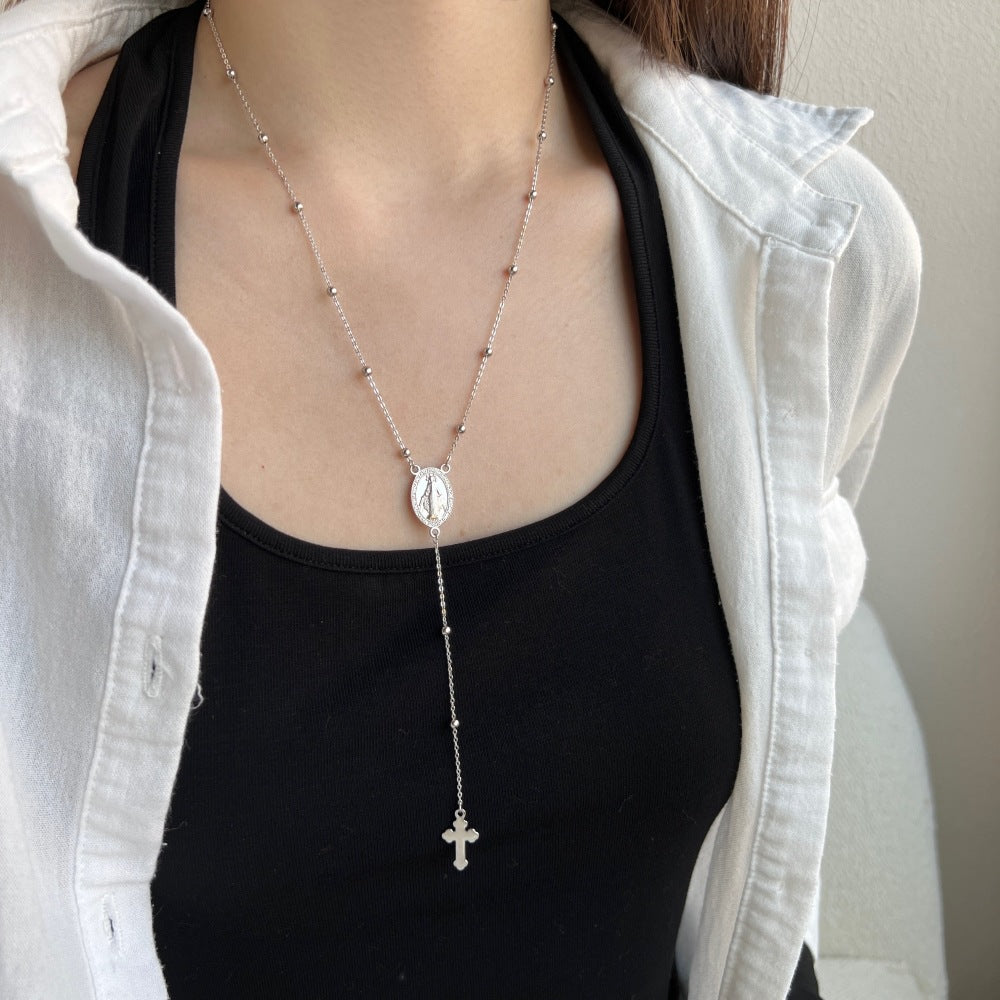 S925 sterling silver necklace female retro fashion simple personality Maria cross pendant long round bead clavicle chain-Mix MIx Style