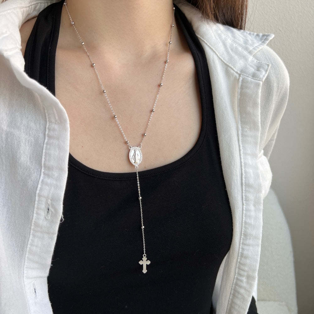 S925 sterling silver necklace female retro fashion simple personality Maria cross pendant long round bead clavicle chain-Mix MIx Style