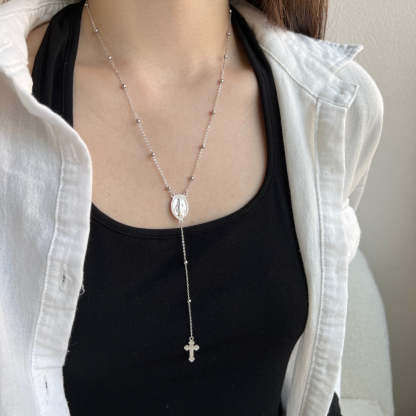 S925 sterling silver necklace female retro fashion simple personality Maria cross pendant long round bead clavicle chain-Mix MIx Style