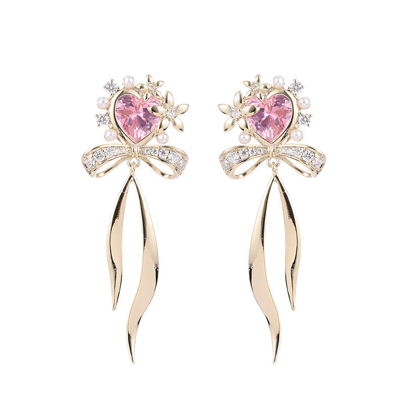 Korean style fresh temperament sweet girl heart earrings zircon earrings s925 silver needle ribbon bow love earrings-Mix MIx Style