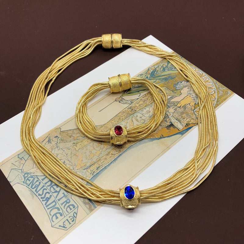 vintage plain gold multi-layered chain with diamond necklace bracelet set  | Mix Mix Style [Hot Seller]-Mix MIx Style