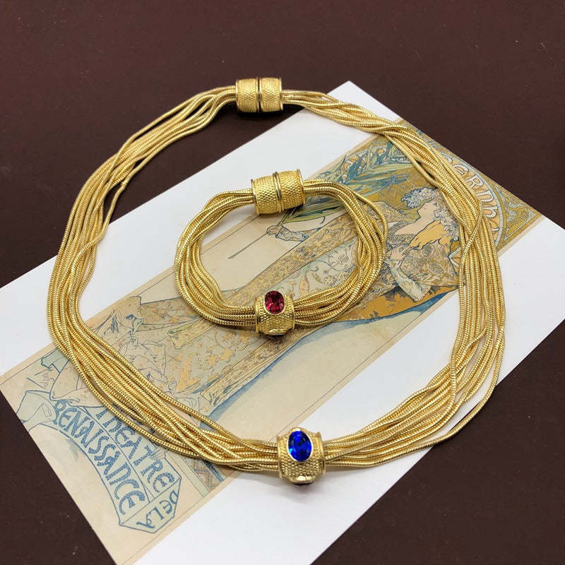 vintage plain gold multi-layered chain with diamond necklace bracelet set  | Mix Mix Style [Hot Seller]-Mix MIx Style