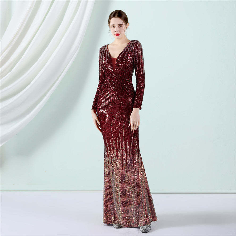 19037# Gradient sequin long-sleeved evening dress 2022 spring and summer new fashion long sequin dress toast dress-Mix MIx Style