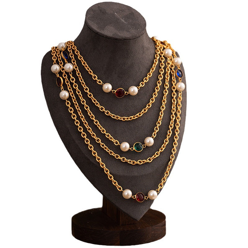 Multi-layer Classic Pendant Akoya Pearl & Diamonds 18k Gold Plated Necklace Earring Bracelet Jewelry Set | Mix Mix Style-Mix MIx Style
