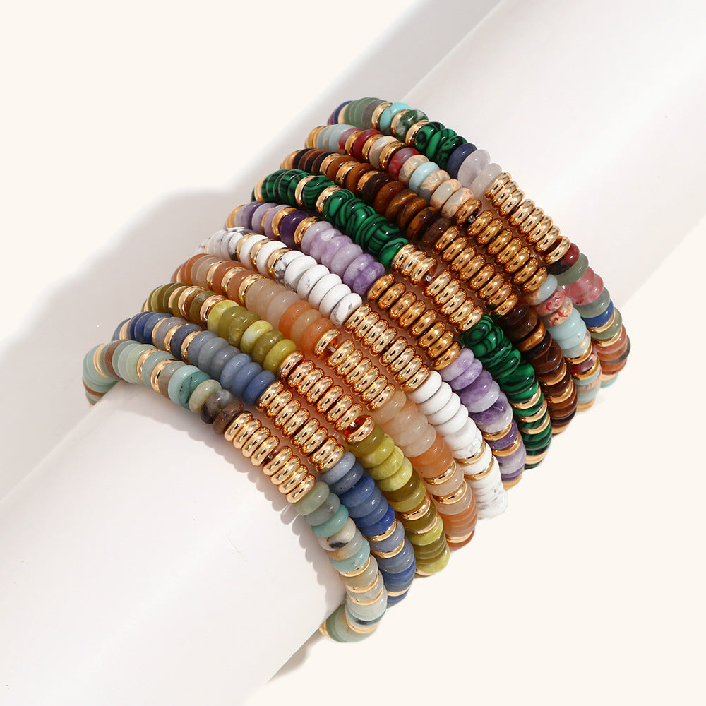 European and American cross-border hot selling Frisbee natural stone retro simple light luxury stainless steel plated 18K gold spacer bead bracelet female-Mix MIx Style